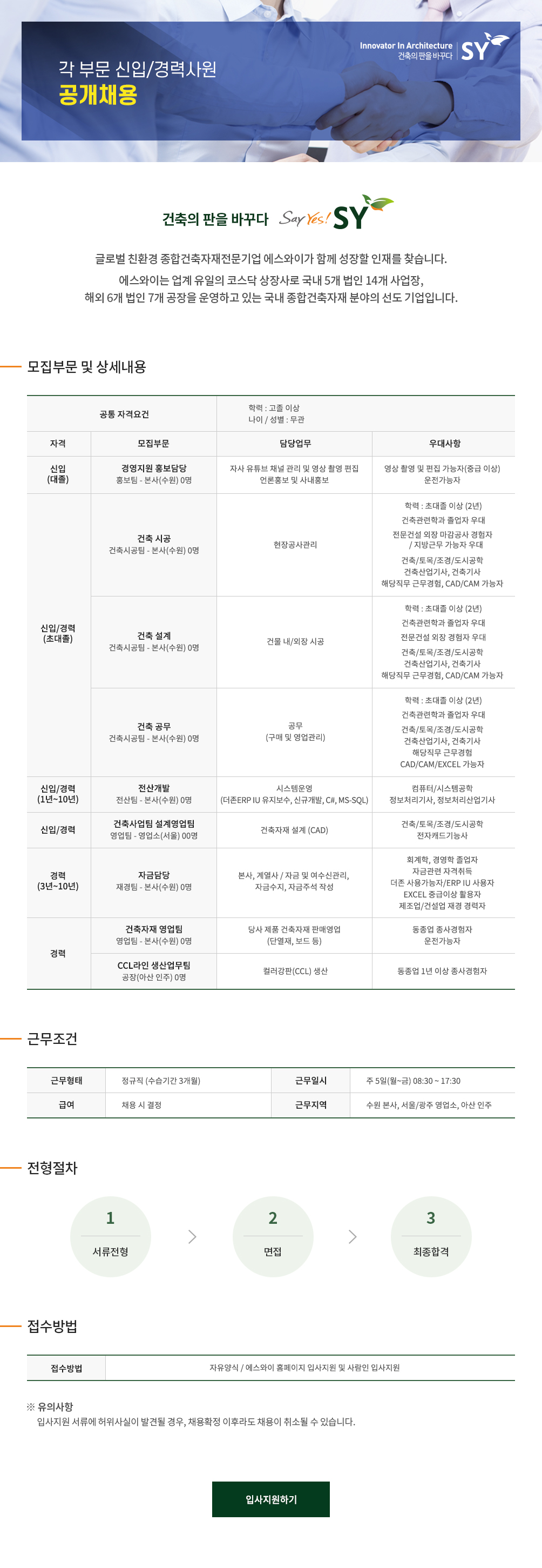  2021 에스와이 각부문 신규/경력직원 채용공고